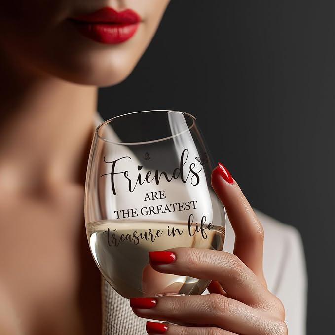 Friend Birthday Gifts for Women, 15 oz Wine Glasses, Dishwasher Safe | “Friends Are The Greatest Treasure In Life” – Scratch-Resistant Wine Glass, Best Friend Birthday Gifts for Women (Black)