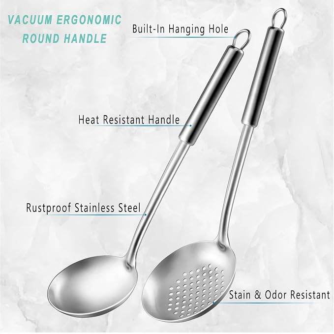 Pleafind 2-Pcs Ladle and Slotted Spoon, Soup Ladle and Strainer Spoons, Stainless Steel Cooking Spoon and Skimmer Spoons, Kitchen Utensils, Wok Utensils for Home and Restaurant, Dishwasher Safe