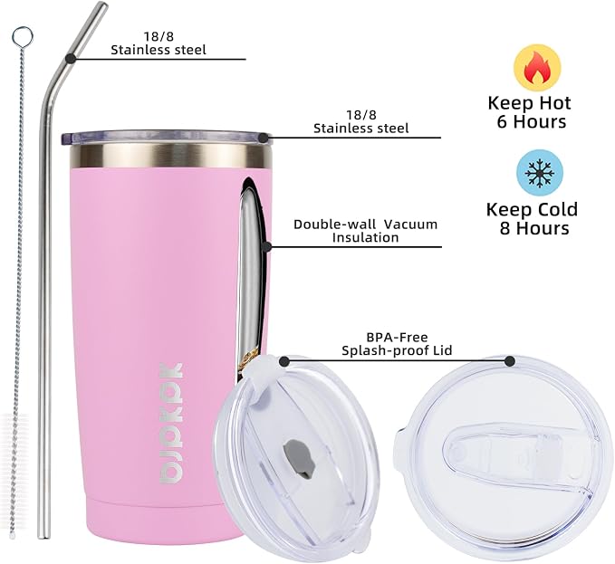 BJPKPK 20oz Coffee Tumbler with Lid & Straw, Insulated Stainless Steel Mug | Double Wall Vacuum, Keeps Hot/Cold, BPA Free, Leak Proof, Iced Coffee Cup Fit Car Holder, Travel & Beach, Light Pink