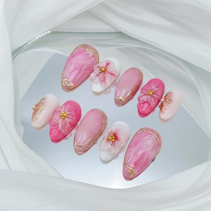 Handmade 3D Pink Flower Press on Nails Short Almond Shape Fake Nails Gold Foil Rhinestones False Nails with Floral Designs Cute Acrylic Nails Reusable Summer Glue on Nails for Women Manicure 30Pcs