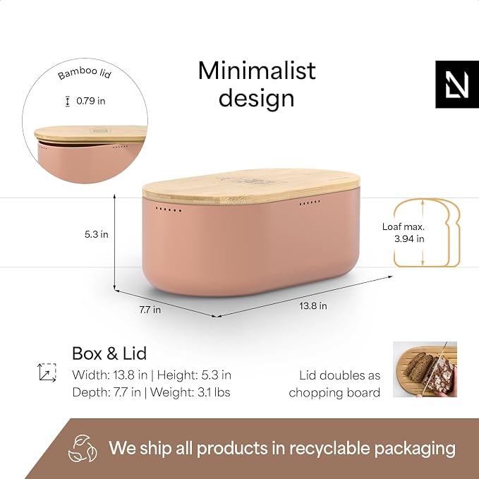 LARS NYSØM Bread Box I Metal Box for long lasting freshness I Bread Bin with bamboo lid usable as cutting board I 13.8x7.7x5.3 In (Blush Rose)