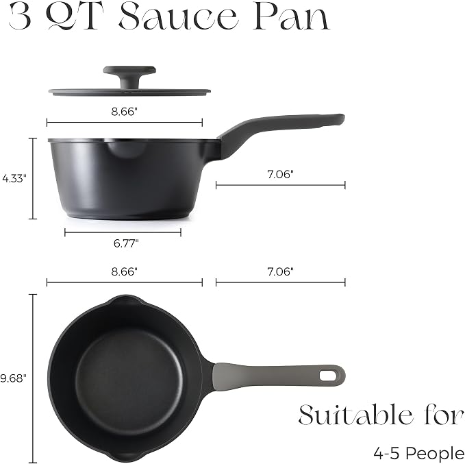 PRICUSIS Ceramic Nonstick Saucepan with Lid, 3 Quart Non Toxic Pot with Pour Spouts, Full Coated, 100% Dishwasher Safe, Induction Compatible, PFOS & PFOA Free, Black Sesame