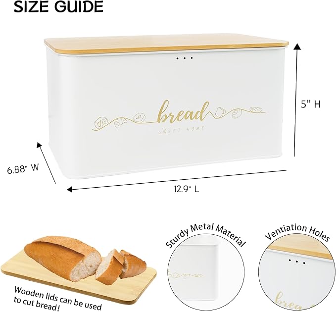 Bread Box with Bamboo Cutting Board Lid, Metal Bread Box for Kitchen Counter, Small Bread Storage Container, Cream Bread bin for Kitchen Countertop