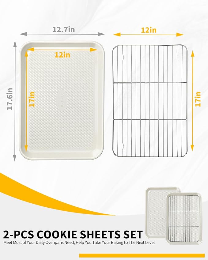 2-Pack 12x17 Half Sheet Pan Baking Sheet Set with Wire Rack - Nonstick 0.8mm Thick Carbon Steel, Cookie Sheets for Baking, Dishwasher Safe, Warp Resistant, Oven Safe 450°F, Salted Gray