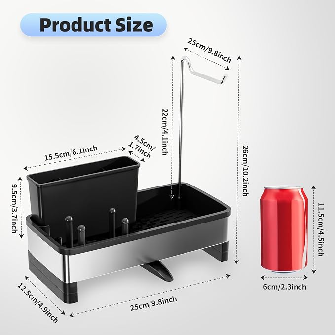 Ewaiira Sponge Holder for Kitchen Sink, Stainless Steel Sink Caddy | with Brush Holder & Dishcloth Rack, Countertop Sink Organizer, Soap Dispenser Kitchen Organizers Storage (D-Black 9.8″)