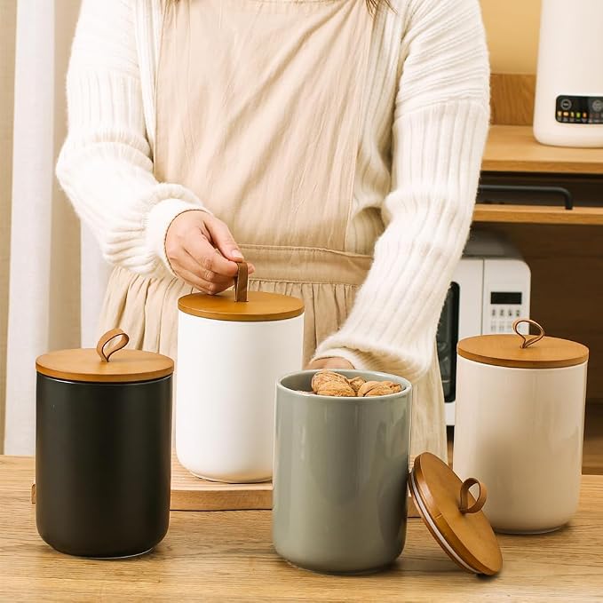 Ceramic Storage Jars, Modern Airtight Canisters with Wooden Lid (Light grey)