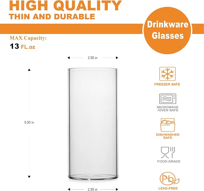 LUXU Drinking Glasses 13 oz,4pcThin Highball Glass,Clear Tall Beer Glass | Lead-Free Glassware,Clear Everyday Drinkware,Water Glasses,Mojito Glass Cups,Bar Glassware,and Mixed Drink Cocktail Glass Set