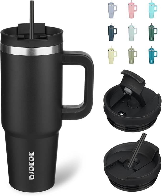 BJPKPK 30 oz Insulated Tumbler with Handle & Straw, Stainless Steel | Double Wall Vacuum Insulation, Leak Proof, BPA Free, Dishwasher Safe, Cupholder Friendly, Travel & Outdoor, Black