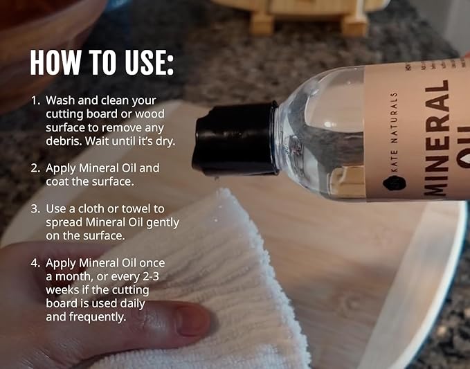 Kate Naturals Mineral Oil for Cutting Board 12oz with Wax Applicator | Food Grade & Food Safe Mineral Oil to Protect Wood on Cutting Boards, Butcher Block & Bamboo Boards