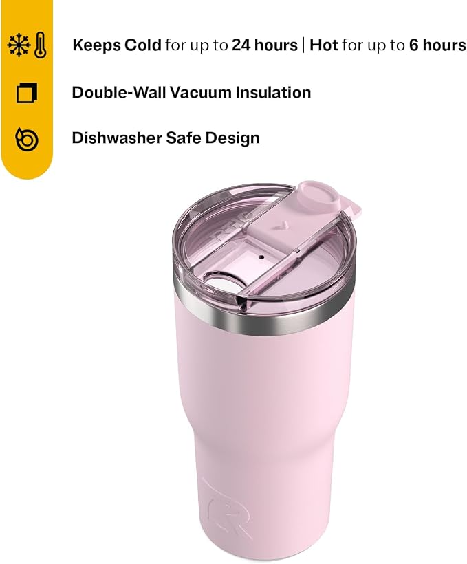 RTIC 30oz Essential Tumbler with Lid, Ceramic Lined, Pale Pink | Insulated, Stainless Steel Metal, Portable Travel Cup for Hot and Cold Drinks, Coffee, Car, Camping and Travel