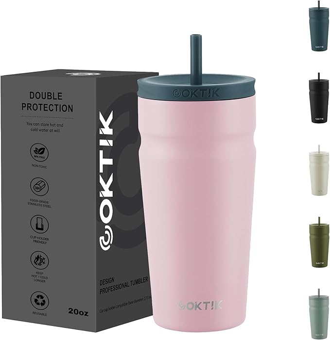 COKTIK 20oz Insulated Tumbler with Lid and Straw Iced Coffee Cup Reusable Stainless Steel Travel Mug Water Bottle Cupholder Friendly for Women Men Her Him (Blush)