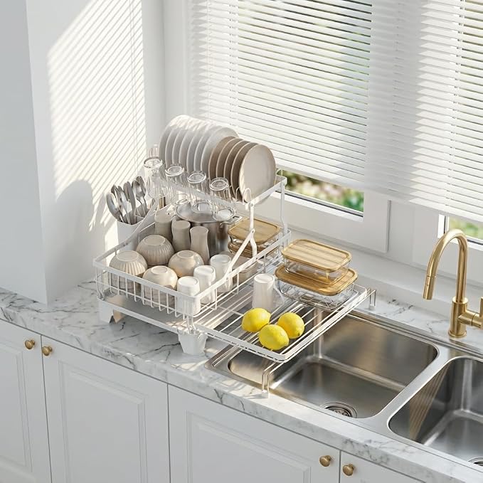 Large Expandable 2 Tier Dish Drying Rack - Over Sink & Counter Use | Extendable Drying Space, Auto-Drain Spout, Stable Screw-Fixed Frame, Cup & Utensil Holder, Rust-Resistant Kitchen Rack, White