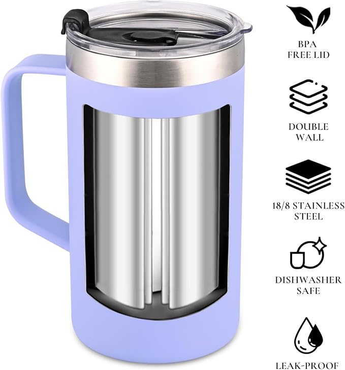 NESTALLY Cozy 20oz Insulated Coffee Mug with Handle & Lid, Lavender | Stainless Steel Double Wall Vacuum Travel Mug for Hot & Cold Drinks, Reusable Coffee Tumbler, Non-Slip Base, BPA-Free
