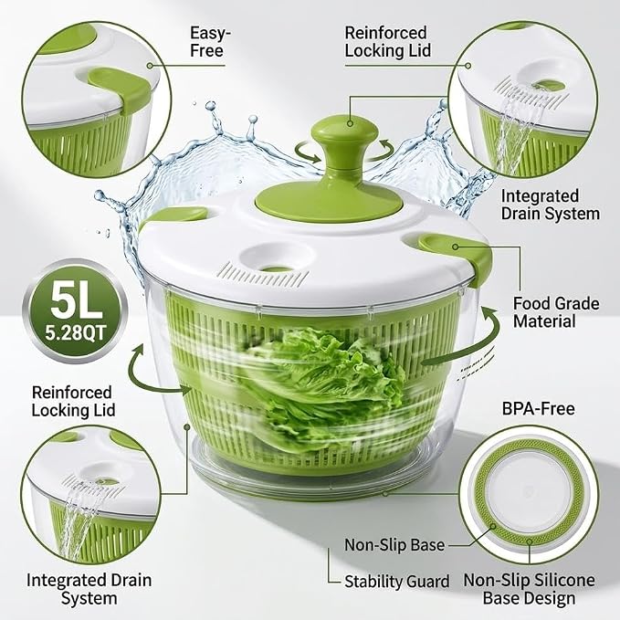 Salad Spinner-Lettuce Spinner, 5QT | Best Fruit Washer, Spinner Bowl, Easy-Spin Handle