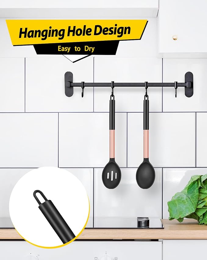 BUNDLEPRO Silicone Cooking Spoons for Non Stick Cookware, 2 Pack | Rose Gold Black, Heat Resistant, Large Kitchen Spoons for Mixing, Serving, Draining, Stirring