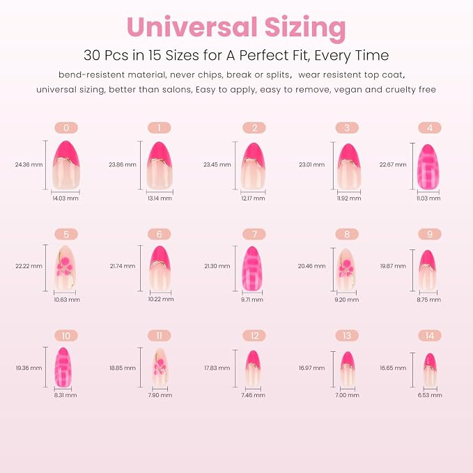 Nail Reformation Press On Nails, Peony Pop | 3D Floral Medium Almond 30 Pcs | 15 Sizes Fake Nails with Pink French Tips on Nude Base in Glossy Finish, Reusable Stick On Nail Kit with Glue for Women Gifts