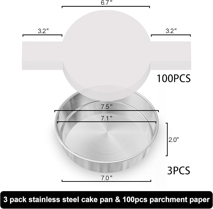 7 Inch Round Cake Pans, 3PCS Stainless Steel Cake Pan &100 Parchment Paper | AWTBDP Nonstick Heavy Duty Circle Cake Pan Tins Set for Birthday Wedding Baking Layer Cakes, Dishwasher Safe & Easy Release