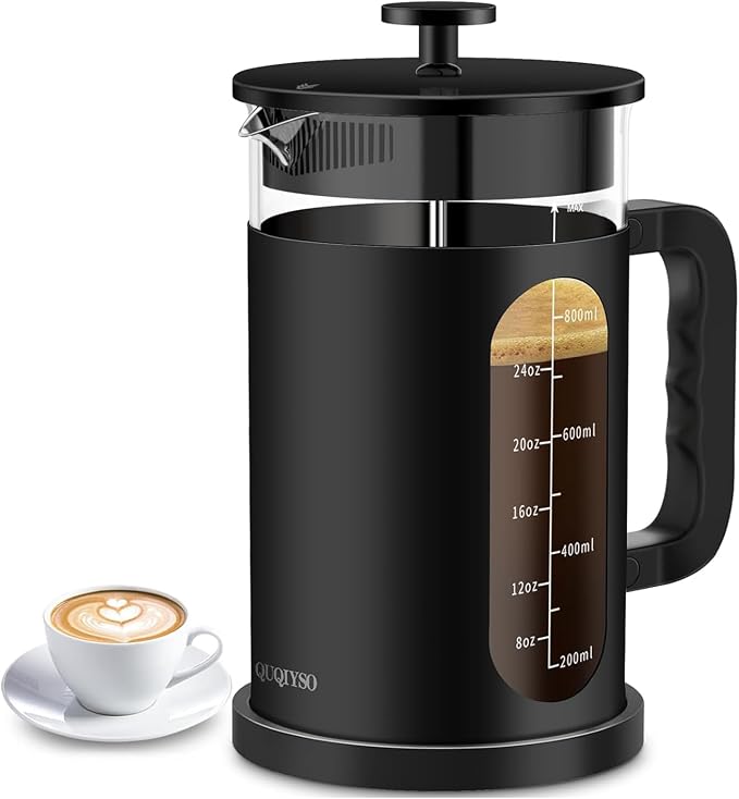 QUQIYSO French Press 34oz, Stainless Steel & Thickened Glass Coffee Press | French Press Coffee Maker,Heat-Resistant Borosilicate Glass,Easy to Clean，Tea Brewer Suitable for Kitchen Party Gifts(Black)
