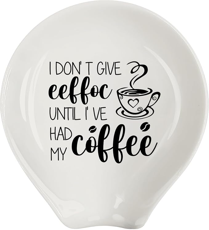 Coffee Spoon Rest, Coffee Bar Accessories & Spoon Holder, I DON'T GIVE EEFFOC UNTIL I 'VE HAD MY COFFEE Ceramic Spoon Holder for Coffee Lovers Gifts for Friend Wife Husband Sister (White-1)