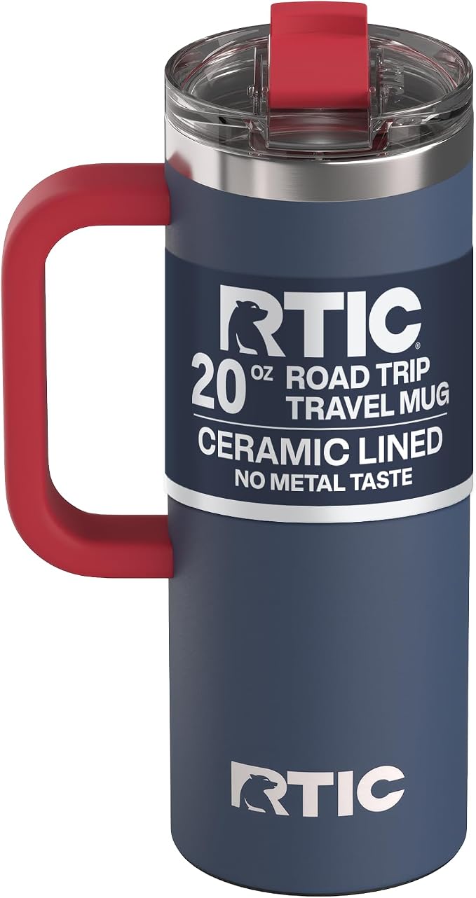 RTIC 20oz Road Trip Travel Mug with Lid and Handle, Ceramic Lined, Insulated, Stainless Steel, Metal, Double Wall Vacuum-Insulation, Portable Coffee, Tea Cup for Hot and Cold Drink, Patriot