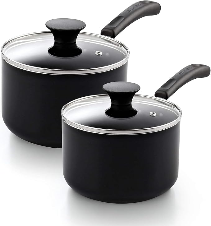 Cook N Home Basic 1 Quart and 2 Quart Nonstick Saucepan Set with Glass Lids, 2-Piece Non Stick Aluminum Sauce Pans, Multi-Purpose Milk Chocolate Cooking Pots with Stay-Cool Handles, Black | 2-Piece Nonstick Aluminum Sauce Pans, Multi-Purpose Milk Choco...