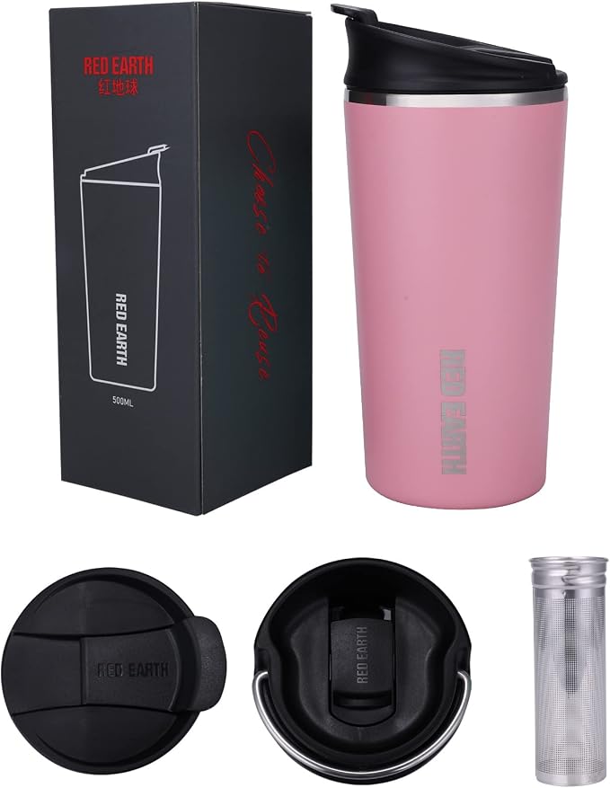 GiNT 17oz Travel Tea Mug with Infuser, 2 Lids. Vacuum Insulated 316 Stainless Steel Coffee Mug. Dishwasher Safe Tea Cup with Strainer for Hot & Cold Brew Coffee. Mothers Day Gifts for Mom (Pink)