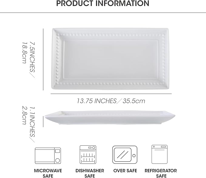 14 inch Ceramic Serving Platter - Rectangular Serving Trays Set of 4, Large Embossed Plates, Porcelain White Platters for Steak, Appetizer, Dessert, Tacos, Housewarming, Oven Dishwasher Safe