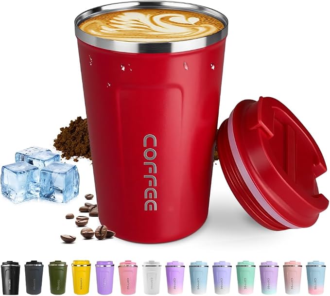 SPLMIFA Travel coffee mugs leak-proof, reusable coffee cup with lid, stainless steel vacuum insulated coffee tumblers, thermal insulation cups for men & women keep drinks hot & cold (2nd-Red, 12OZ)
