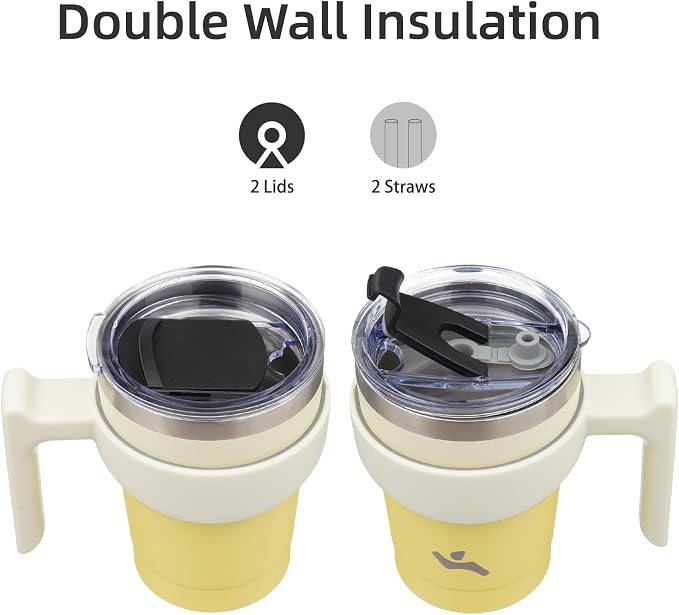 Konokyo 10 oz Tumbler with Handle and Straw, Insulated Travel Mug | Lemon; BPA-free, leak-proof tumbler with 2 lids, 2 straws, cup holder fit for coffee, office, travel & daily use