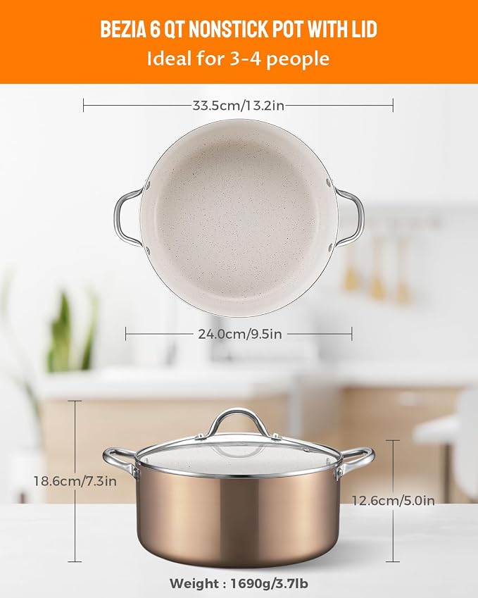 BEZIA 6 Quart Nonstick Stock Pot with Lid, Induction Compatible Cooking Pot | Soup Pot with PFOA Free Granite Coating, All Stovetops Compatible, Oven & Dishwasher Safe, Perfect for Soup, Sauce, and Pasta