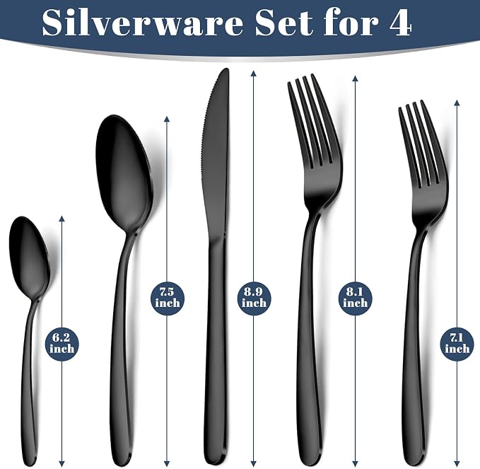 Hunnycook 20-Piece Black Silverware Set - Stainless Steel Silverware Set for 4, Includes Forks Spoons and Knives, Utensil Sets for Home Kitchen Restaurant, Dishwasher Safe