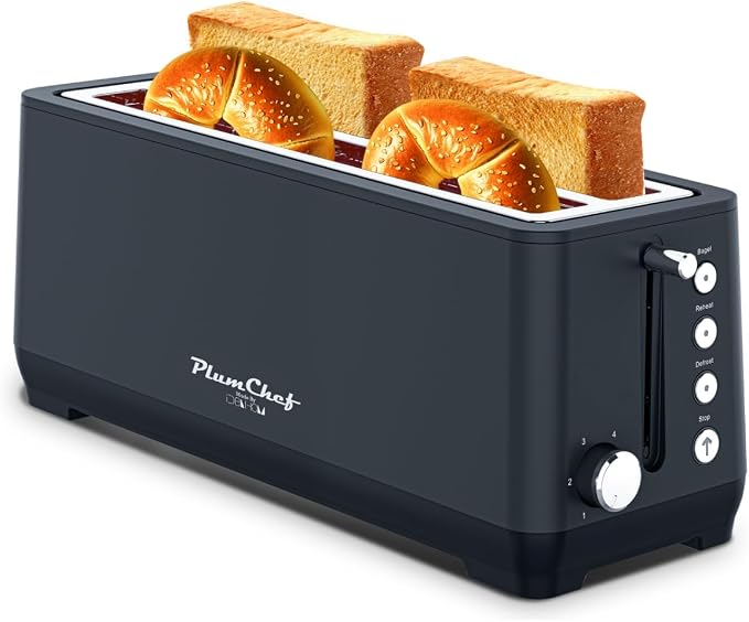 Plum chef 4-Slice Toaster, Extra Wide Long Slot Toaster, 6 Browning Settings, Bagel/Defrost/Reheat Functions, Removable Crumb Tray, Stainless Steel Housing 1350W，Black