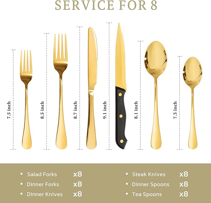 Astercook Silverware Set 48-Piece Gold Flatware Set with Steak Knives Food-Grade Stainless Steel Cutlery Set for 8 Mirror Polished Utensils Set Include Spoons and Forks for Home Kitchen Restaurant