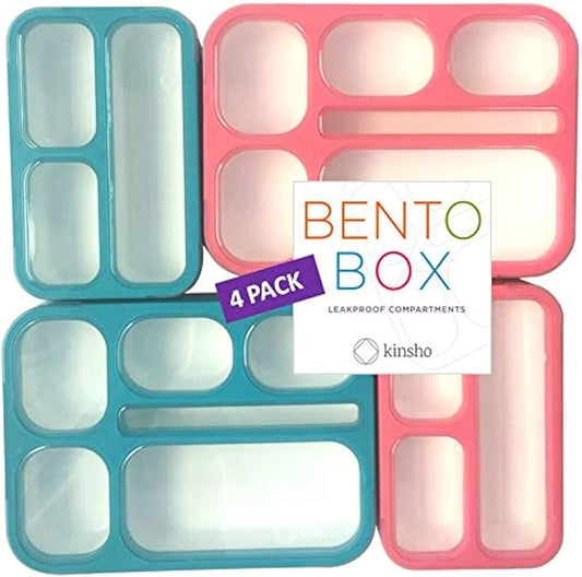 Bento Box Lunch Boxes and Snack Containers for Kids Girls Boys Adults Toddlers, Leak-Resistant Portion Container Kits BPA Free | Value Pack Set of 4, Blue & Pink