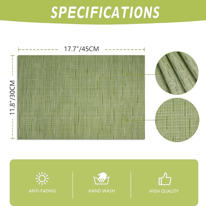 AUAUY Placemats Set of 6, Non-Slip Heat Resistant Table Mats, Green | 6pcs PVC Vinyl Woven Table Placemats Washable for Kitchen Dinning Restaurant, Farmhouse
