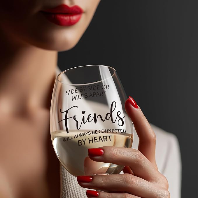 Friendship Gifts for Women – 15oz Crystal Wine Glass, Dishwasher washable | With “Side by Side or Miles Apart Friends will Always be Connected by Heart” Quote, llong distance gifts