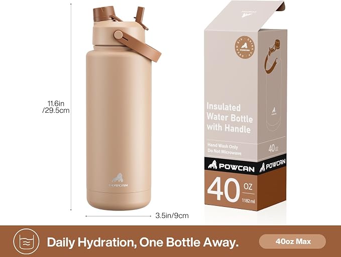 POWCAN 40 oz Insulated Water Bottle with 2-in-1 Straw and Spout Lid, Keep Cold 24H, Leak-Proof, BPA-Free, Double Wall Stainless Steel Water Bottle for Sports, Gym, Travel, and School (Mocha)