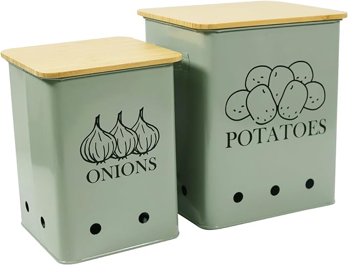 Kitchen Vegetable Storage Tins Set of 2, Onion and Potato Storage Bins with Wooden Lid and Aerating Holes, Garlic Bin Caddy, Vintage Kitchen Decor, Green