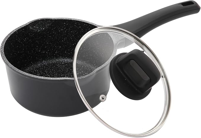1.3Qt Nonstick Ceramic Sauce Pan with Glass Lid, 6.2" | Black ceramic nonstick, toxin/PFOA-free. Induction/gas compatible. Even heating. Soft-touch cool handle. Easy clean