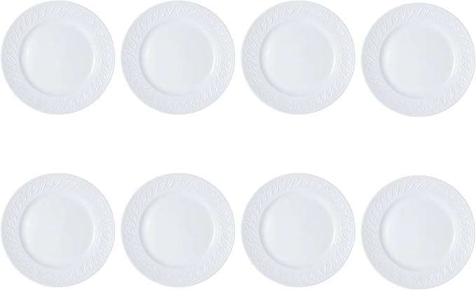 Pfaltzgraff Sylvia Dinnerware Set 32-Piece Service for 8 - White Porcelain Dinner Plates, Salad Plates, Soup Bowls and Mugs with Embossed Scrollwork