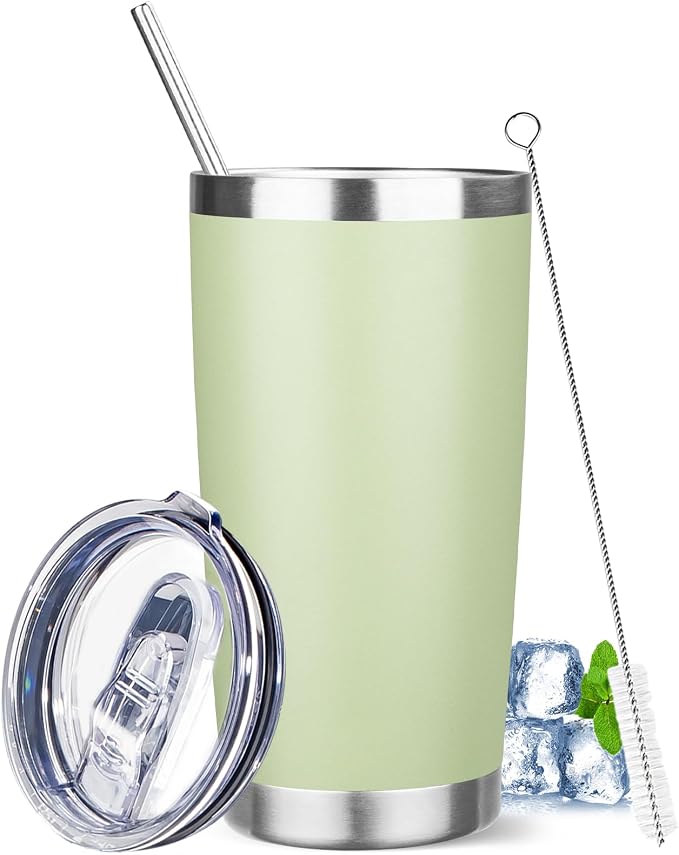 20 oz Tumbler with Lids and Straws, Stainless Steel Insulated Travel Coffee Mug, Double Wall Vacuum Insulated Tumblers, Powder Coated Coffee Tumbler for Cold & Hot Drinks (Green Tea)