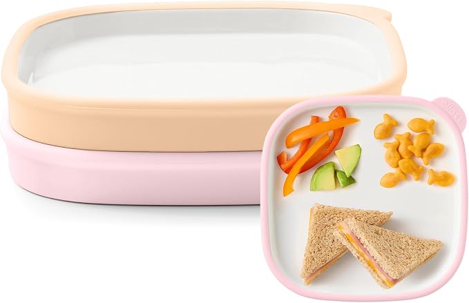 Ello Clean Start Ceramic Toddler Plates with Sleeves, 2 Pack, Cashmere Pink/Dune