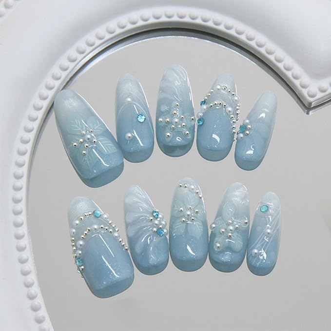 30Pcs Blue Flower Press On Nails Medium Almond False Nails Glitter Blue Cat Eye Fake Nails with 3D Flower Pearl Rhinestone Design Reusable Acrylic Nails Summer Beach Glue On Nails for Women Manicure
