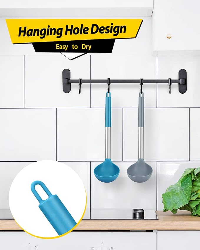 BUNDLEPRO Silicone Ladle Spoon Kitchen Utensils, 2 Pack, Grey-Blue | Non Stick, High Heat Resistant, BPA Free, Ideal for Cooking, Stirring,Serving Soups