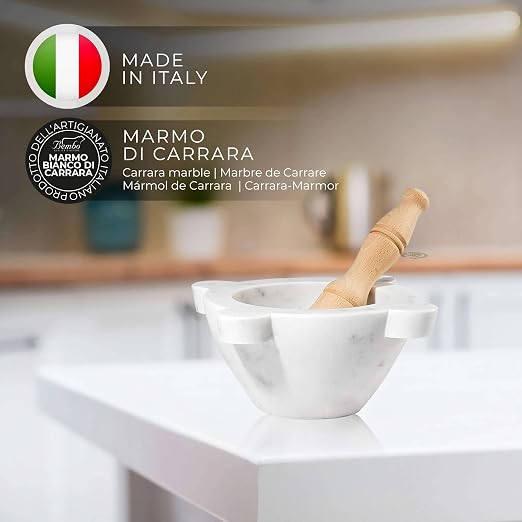 Bembo White Carrara Marble Mortar and Pestle – Genovese Model Ø 20 cm / 7.9″ – Made in Italy – Import Duty Included – No Additional Import Charges