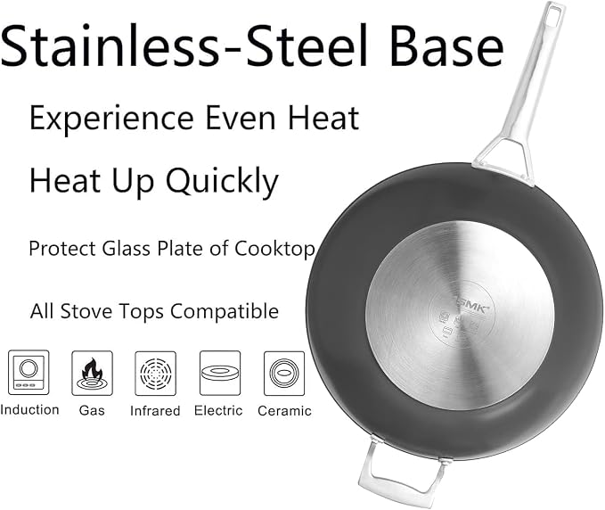 MsMk 12.5 Inch Nonstick Frying pan with Lid, Woks & Stir Fry Pans Skillet | Non Toxic, Even Heating, Easy Clean, Dishwasher & Oven Safe, suitable for gas & electric & induction stoves, Stainless Steel