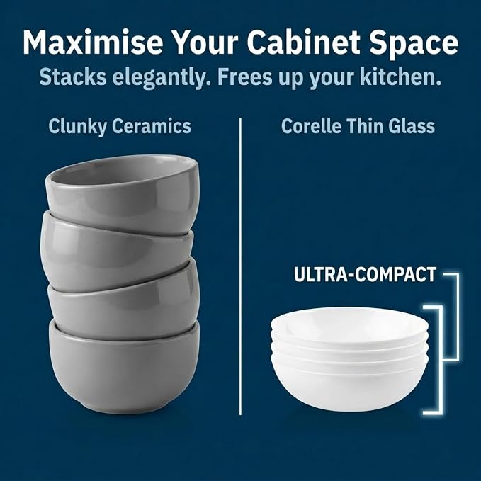 Corelle 4-Pc Meal Bowls Set Service for 4, Durable and Eco-Friendly 9-1/4-Inch Glass Bowls, Compact Stack Bowl Set, Microwave and Dishwasher Safe, White, 46 Ounces