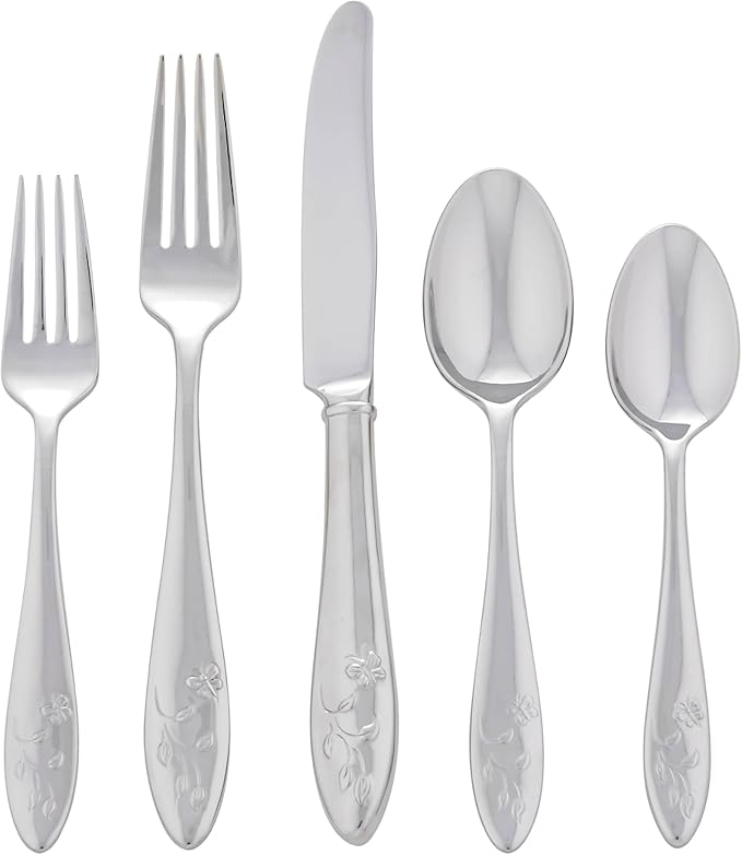 Lenox Butterfly Meadow 65-Piece 18/10 Silverware Set for 12, Flatware | silver, dishwasher safe | includes serving spoons and utensil set | heavy duty, cutlery set for kitchen and dining