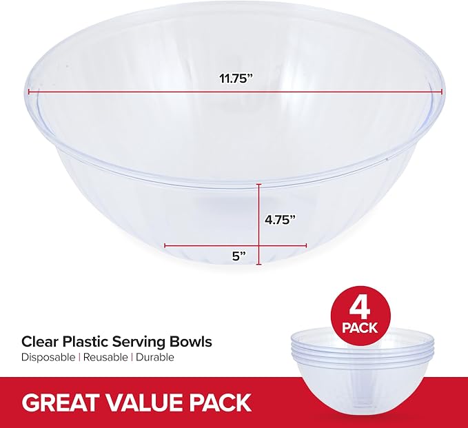 150 oz Clear Plastic Serving Bowls (4 Pack) Disposable Candy Dishes, Buffet Containers for Chips, Popcorn Snacks, Mints, Salad Bar, Punch, Snack Bowl Parties, Office Desk, Bridal Shower Party Supplies