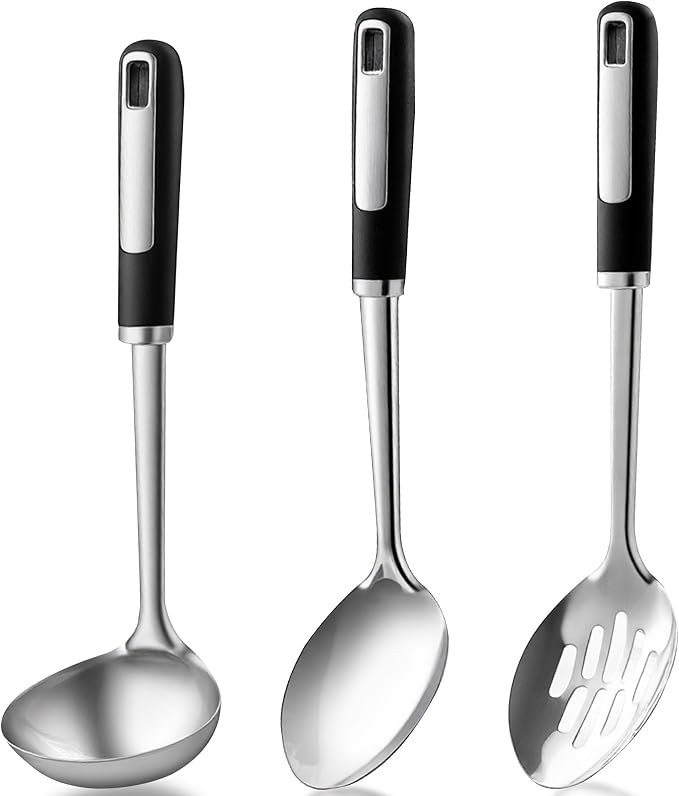 Stainless Steel Serving Spoon Set with Heat-Resistant Handles,3-Piece | Includes a serving spoon, slotted spoon, and deep soup ladle with ergonomic heat-resistant handles for cooking and serving.